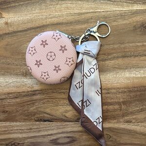 Designer-Inspired Pink Monogram Round Double Mirror Compact Keychain with Scarf